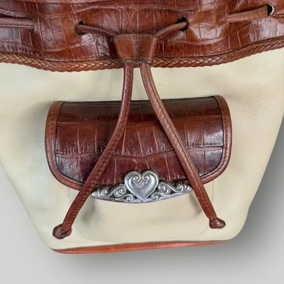 Brighton Vintage Leather Cross Body Shoulder Bucket Bag Cream Brown Drawstring - Picture 7 of 16